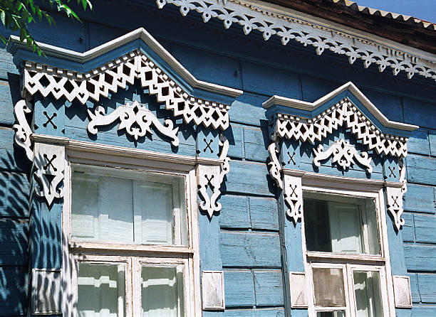 Windows of an old Russian house  nineteenth century. stock photo