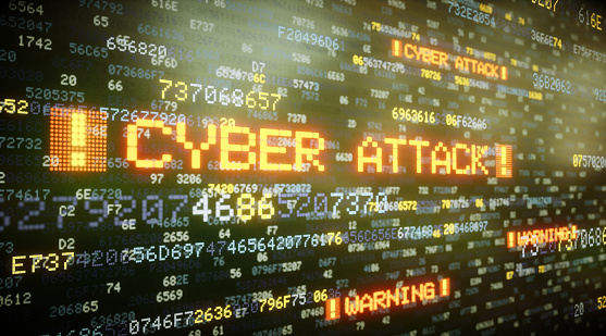 An abstract design of a cyberspace environment displaying a warning about a cyber attack. Multiple rows of data in hexadecimal encryption float across the screen horizontally, with warning text mixed in. Data text and digits are displayed in various colors.