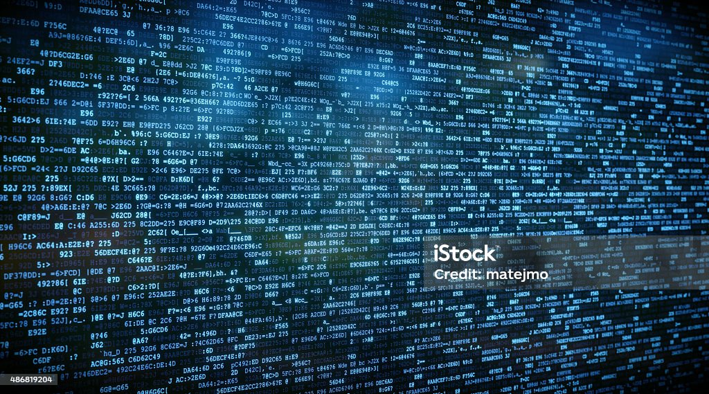 IT Background Encrypted Data A04 An abstract IT background concept representing encrypted data on a flat surface. Random blocks of data are organized in rows and come in a blue hue. Some characters are glowing more brightly. Data Stock Photo
