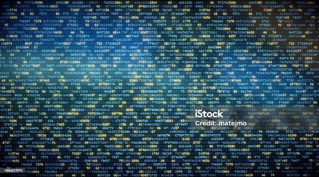 IT Background Hexadecimal Code A06 An abstract IT background concept representing encrypted data in hexadecimal format on a flat screen. Random blocks of data are organized in rows and come in a blue hue. Some characters are glowing more brightly in a yellow hue. Coding Stock Photo