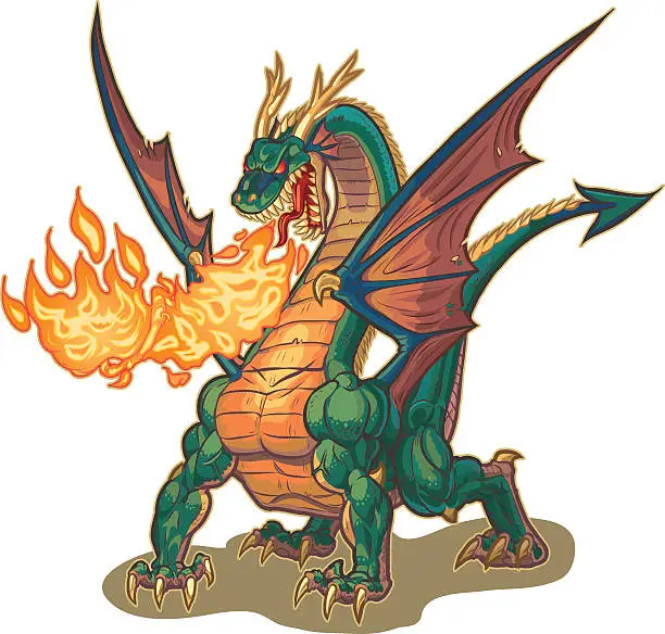 Vector illustration of Muscular Dragon Breathing Fire Vector Illustration