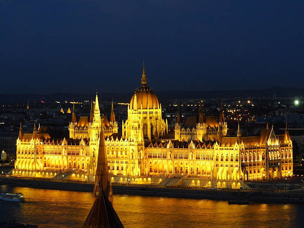 Night view the Hungarian Parliament stock photo