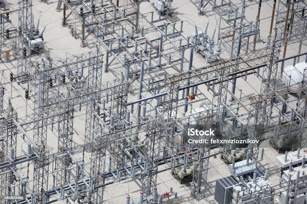 Power grid Above view of an electrical power grid at a power station Electrical Grid Stock Photo