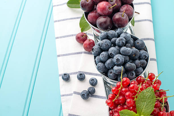 istock Plums, red currants and blueberries in small metal bucket 486825884