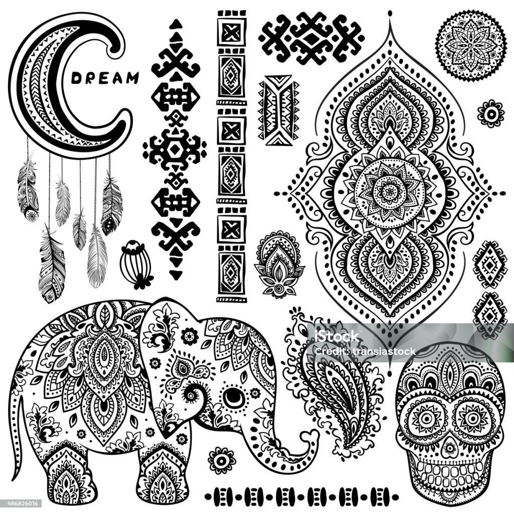 Set of ornamental Indian symbols.Ethnic elephant Set of ornamental Indian elements and symbols  2015 stock vector