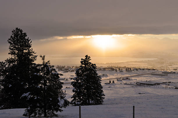 Cloudy Winter Lake Sunset stock photo