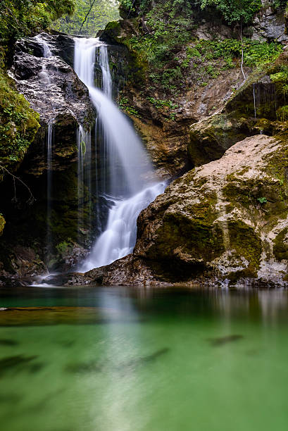 Waterfall in Vintgar gorge (Blejski vintgar), Bled, Slovenia stock photo