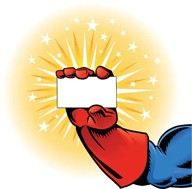 Vector illustration of Hand Holding Business Card - Business Superhero stars