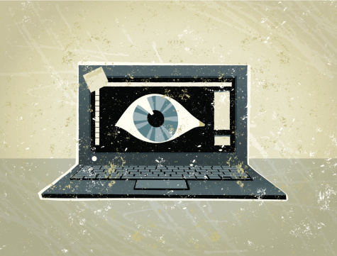 Spyware?A stylized vector cartoon of a laptop with an eye, reminiscent of an old screen print poster and suggesting technology, cyber crime, virus, hacker, e-crime, webcam, data or web search. Computer, eye, paper texture, and background are on different layers for easy editing. Please note: this is an eps 10 illustration and clipping masks have been used.