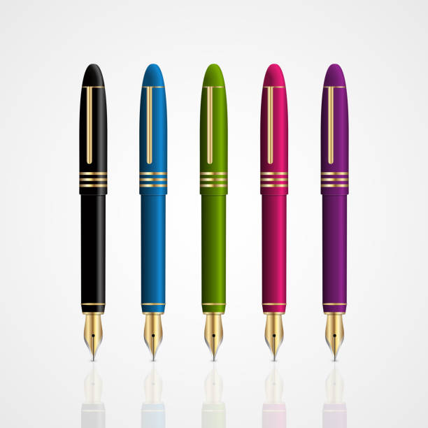 illustrations, cliparts, dessins animés et icônes de big set de stylos de couleur d'encre de bureau sur fond blanc. - pen writing instrument pencil gold