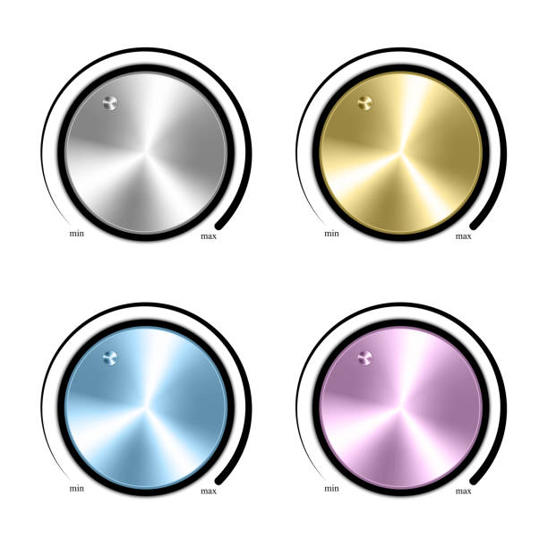 illustrazioni stock, clip art, cartoni animati e icone di tendenza di set di realistici controllo della musica manopola volume. - interface icons volume volume knob stainless steel