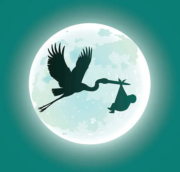 Vector illustration of Flying Stork Deliveres Baby in Moonlight - Silhouette