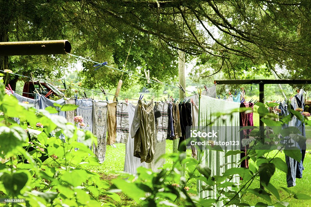 Laundry Hanging Outside On A Clothesline To Dry Stock Photo