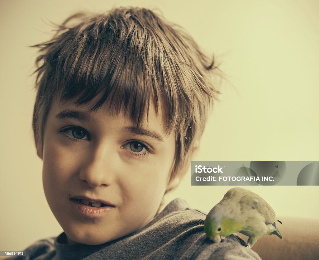 Boy with Pet Bird Boy with his pet: Green Parrotlet (small exotic bird). Animal Stock Photo