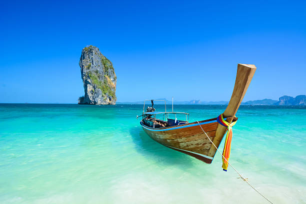 Thailand ocean landscape with traditional boat Taxi Thailand ocean landscape with traditional boat Taxi koh poda stock pictures, royalty-free photos & images