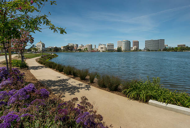 Part of the skyline of Oakland by Lake Merritt.