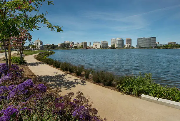 City of Oakland, California with Lake Merritt in foreground.