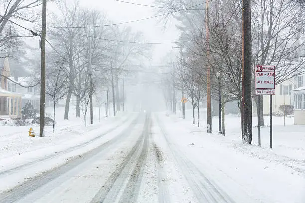 Photo of Small Town Village Street Winter Snow Blizzard