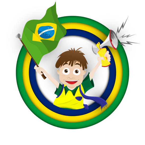 ilustraciones, imágenes clip art, dibujos animados e iconos de stock de deporte ventilador con brasil bandera y el claxon - championship 2014 brazil brazilian