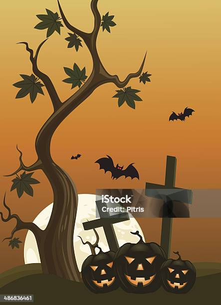 Sfondo Di Halloween Con Luna Pumpkins E Sul Retro - Immagini vettoriali stock e altre immagini di Ambientazione esterna - Ambientazione esterna, Arredamento, Autunno