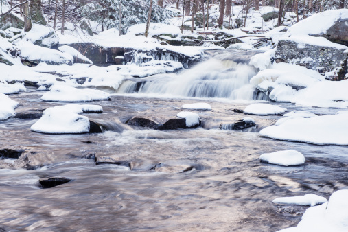 This is a monochromatic photograph of a winter waterfall in the New York Catskill Mountains.