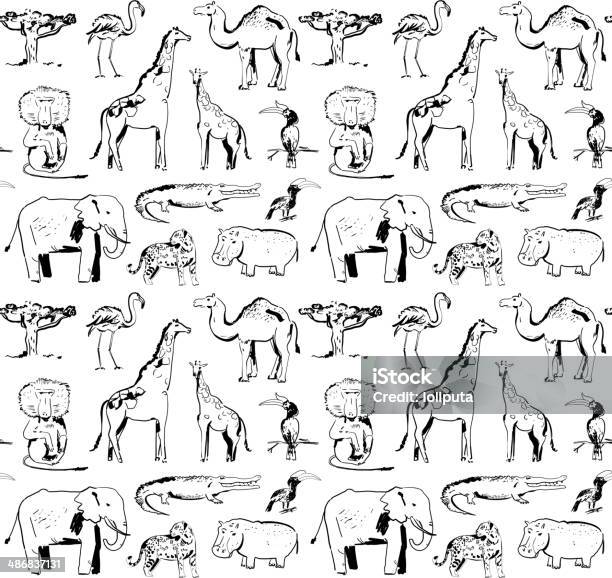 Seamless Pattern With Animals Of Africa Doodles Vector Set Stock Illustration - Download Image Now