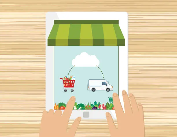 Vector illustration of Fresh Food Delivery Concept - Online Grocery Cloud Concept