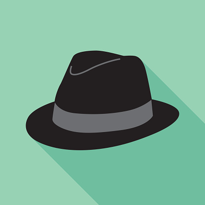 Vector illustration of a black hat with shadow on a square light teal background,