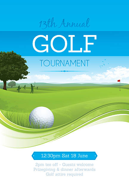 Golf tournament poster Golf poster for a golf competition. Four golfers play golf on a golf course with blue sky in the background. Gradient mesh used. Global colours. golf patterns stock illustrations