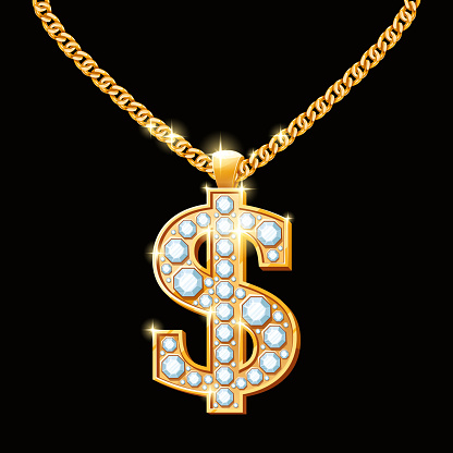 Dollar sign with diamonds on gold chain. Hip-hop style necklace.  Money finance, wealth and gem, vector illustration