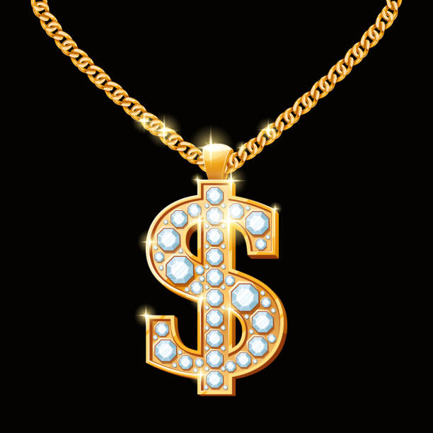 Dollar sign with diamonds on gold chain. Hip-hop style Dollar sign with diamonds on gold chain. Hip-hop style necklace.  Money finance, wealth and gem, vector illustration diamond necklace stock illustrations