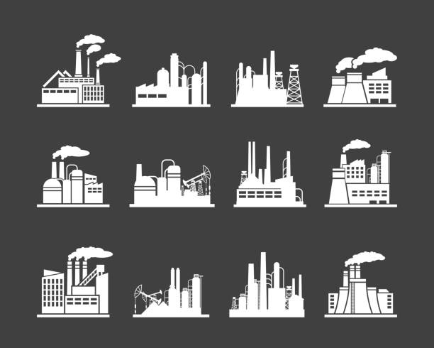 Industry manufactory building icons Set of industry manufactory building icons. Plant and factory, power and smoke, oil and energy, nuclear manufacturing station. Vector illustration refinery stock illustrations