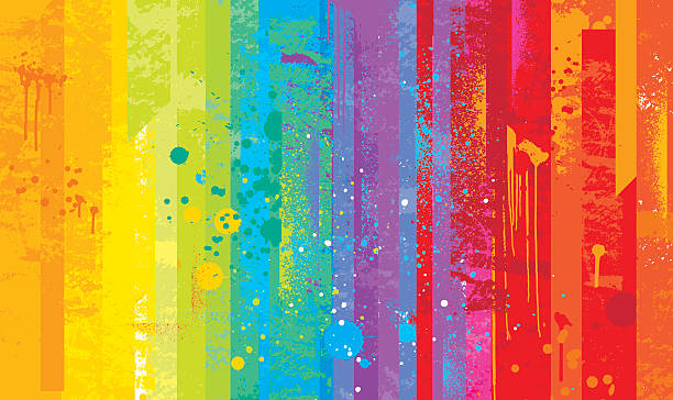 Bright rainbow colored background with a grunge texture and grafitti paint drops. Global colours are easily modified