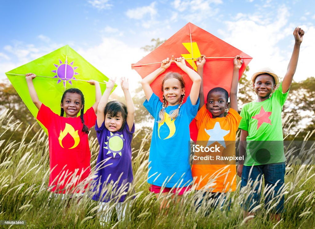 Kids Diverse Playing Kite Field Young Concept 2015 Stock Photo