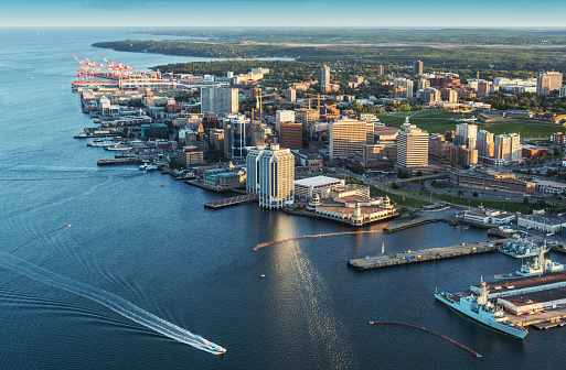 A low altitude aerial view of the Halifax skyline and waterfront in late evening. Taken from an altitude of 800'.