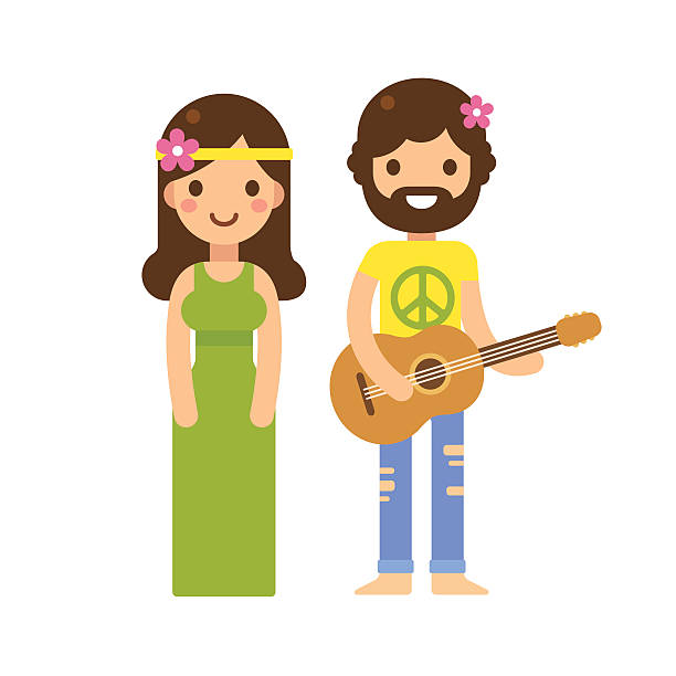 Hippie couple Cute hippie couple, woman in long dress and man with guitar, with flowers in hair. Modern flat vector cartoon style. 60s style dresses stock illustrations