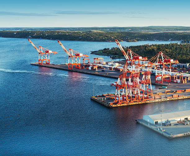 Harbour Container Port Aerial view of a large container port in Halifax Harbour. gantry crane stock pictures, royalty-free photos & images