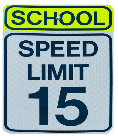Road Sign: School zone - Speed limit 15 on white background