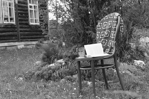 book on a chair in the park with tea and flowers