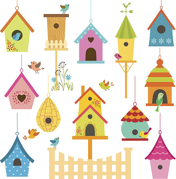 ptak domy - birdhouse birds nest box isolated stock illustrations