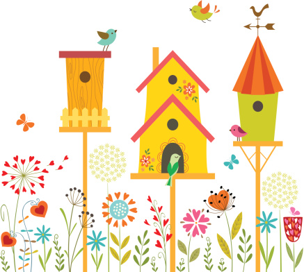 Cute illustration with bird houses, hand drawn flowers and place for your text.
