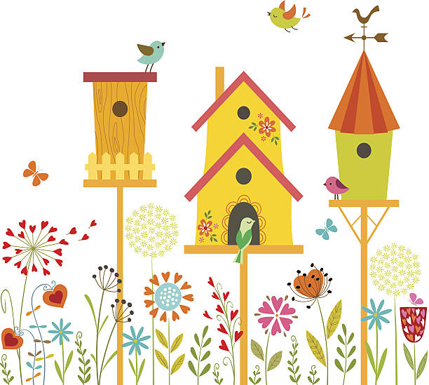 Sweet home Cute illustration with bird houses, hand drawn flowers and place for your text. nesting box stock illustrations