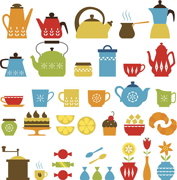 nachmittagstee und kaffee-zeit - tea cup coffee cup teapot domestic kitchen stock-grafiken, -clipart, -cartoons und -symbole