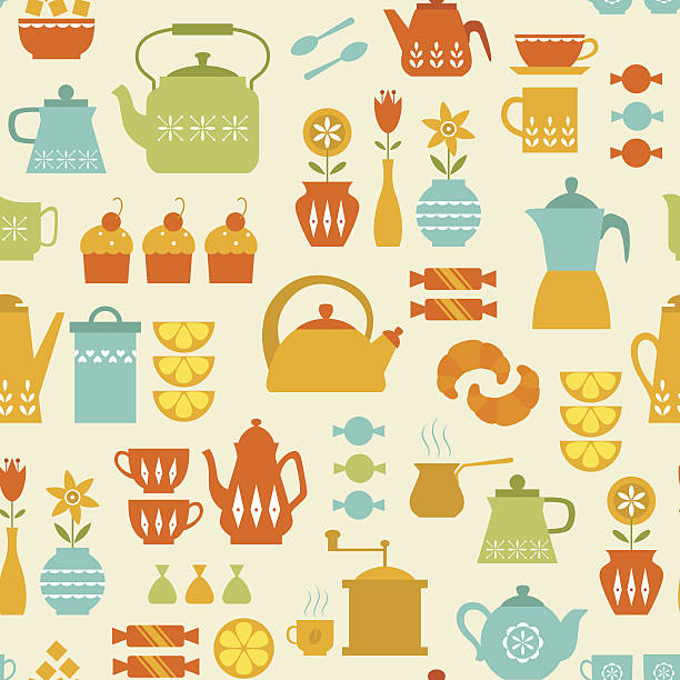 kaffee und tee-muster - tea cup coffee cup teapot domestic kitchen stock-grafiken, -clipart, -cartoons und -symbole