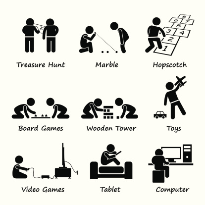 Children Playing Traditional and Modern Games Clipart