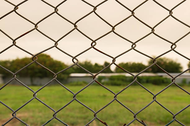 istock chain link fence with grass field. 486860740