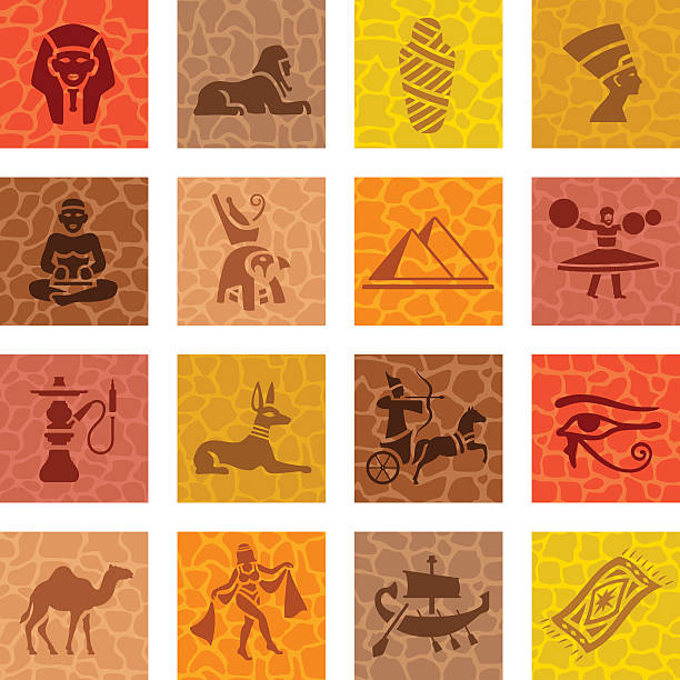이집트어 아이콘 세트 - egyptian culture hieroglyphics human eye symbol stock illustrations