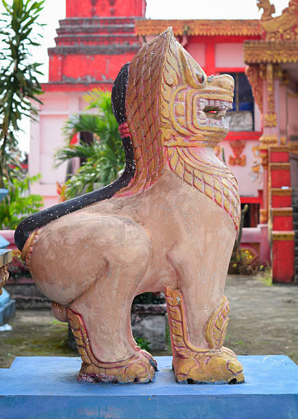Bac Lieu, Vietnam - January 2, 2015: View of lion statue in front of Xiem Can Pagoda in Bac Lieu, southern Vietnam.