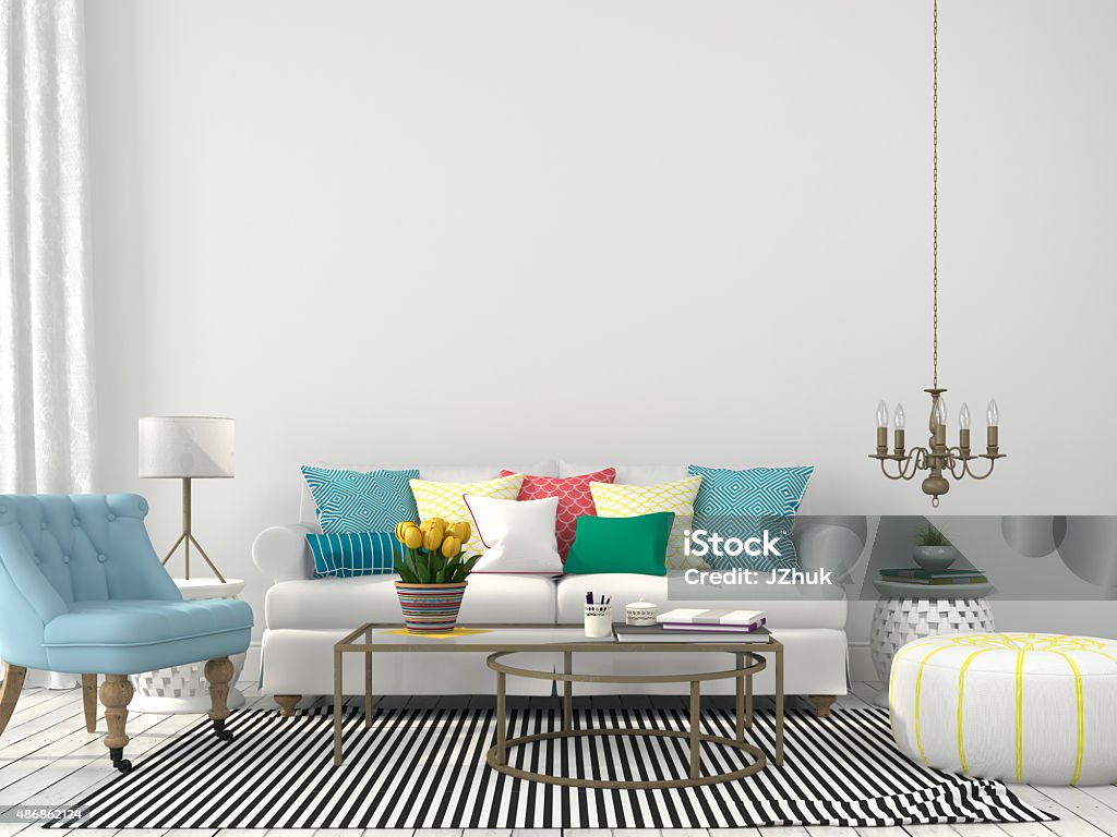 Living room with colorful pillows White interior of living room with colorful pillows Living Room Stock Photo