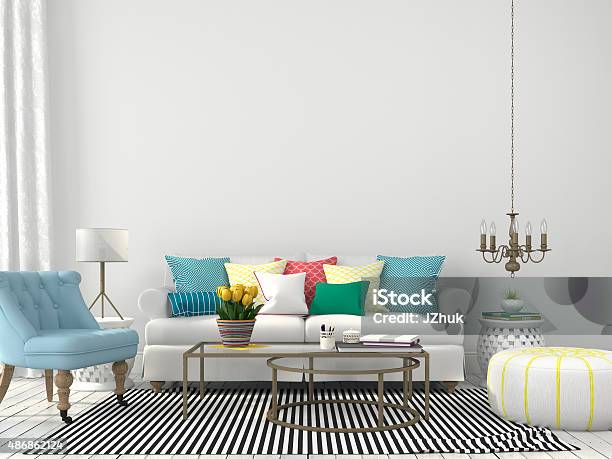 Living Room With Colorful Pillows Stock Photo - Download Image Now - Living Room, Luxury, Design